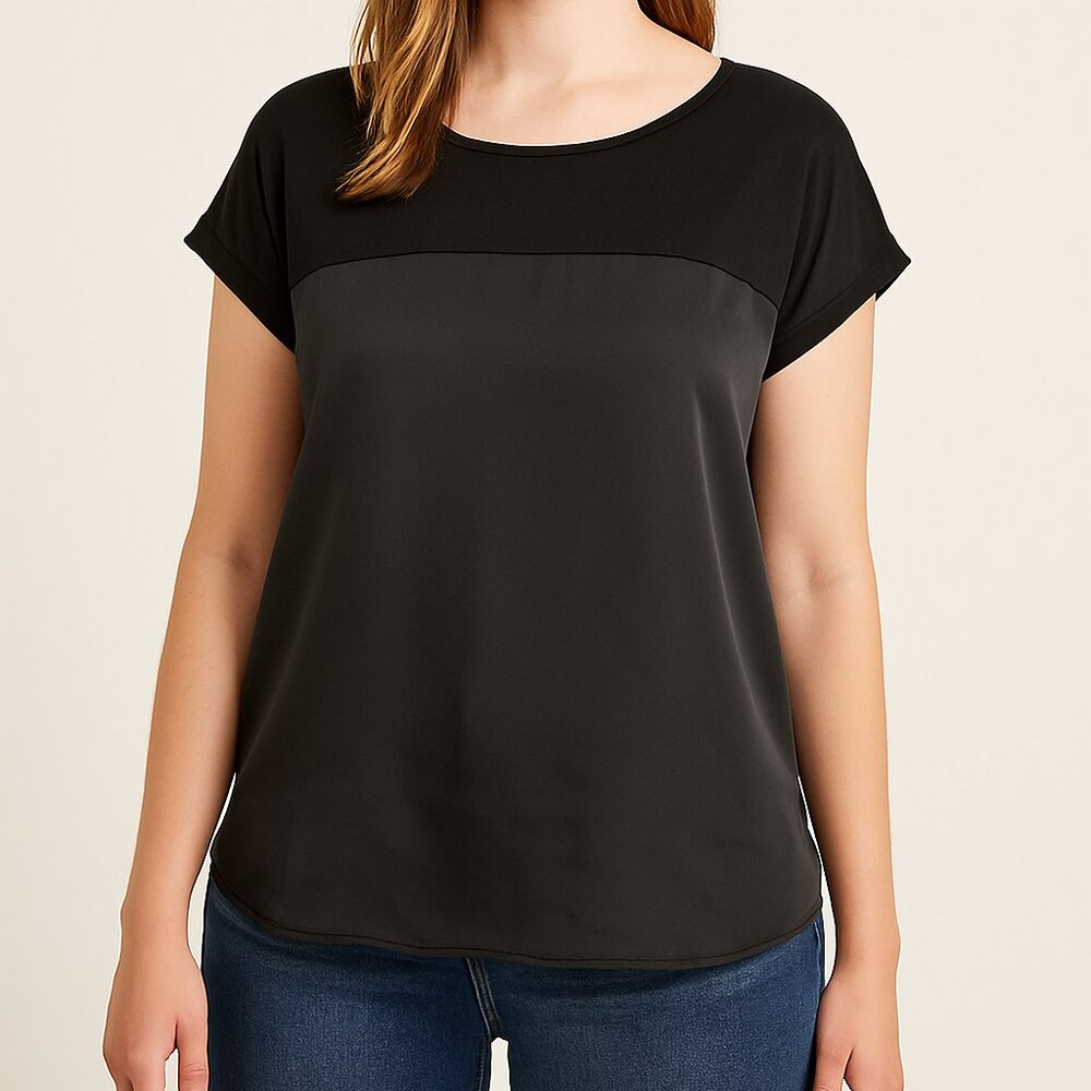 MNG Suit Women’s Black Short Sleeve Blouse‎ Size L Elegant Lightweight Top